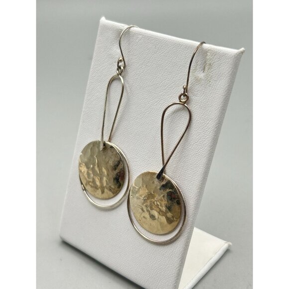 Sterling Silver 925 Dangles Earrings Pierced Long Drops with Hammered Disks - Picture 3 of 6